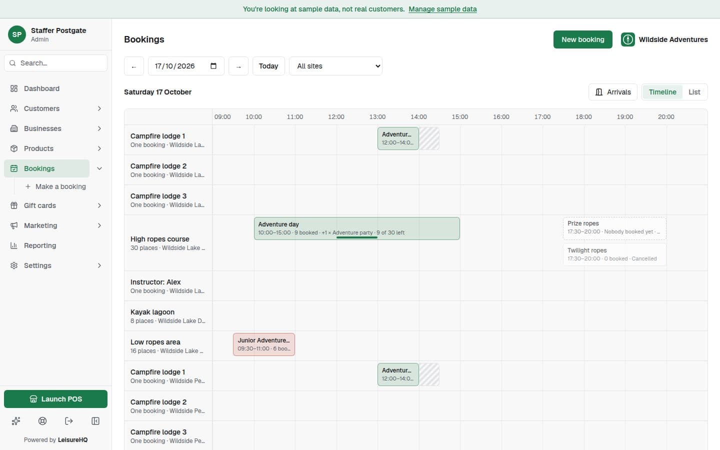 The day's bookings at a adventure centre in LeisureHQ