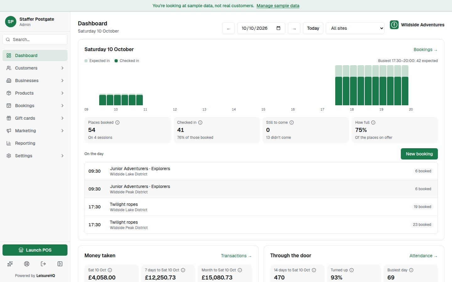 The LeisureHQ dashboard for a adventure centre