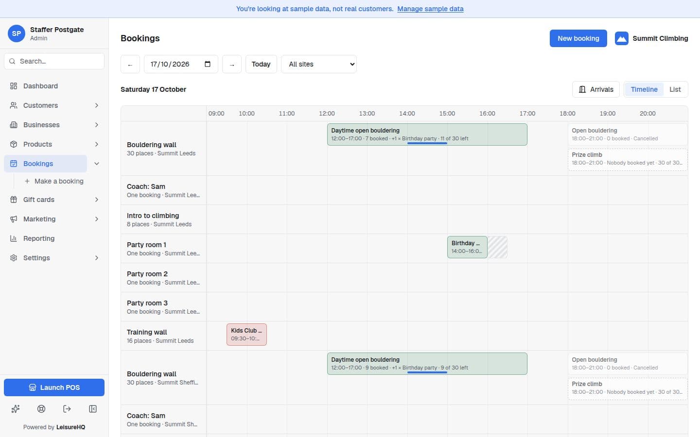 The day's bookings at a climbing wall in LeisureHQ