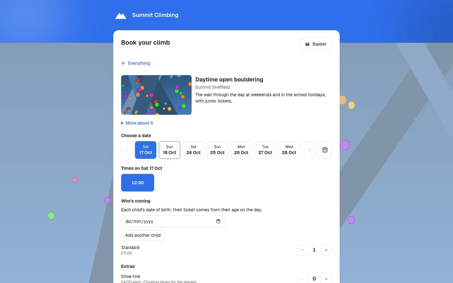 A climbing wall's online checkout on LeisureHQ