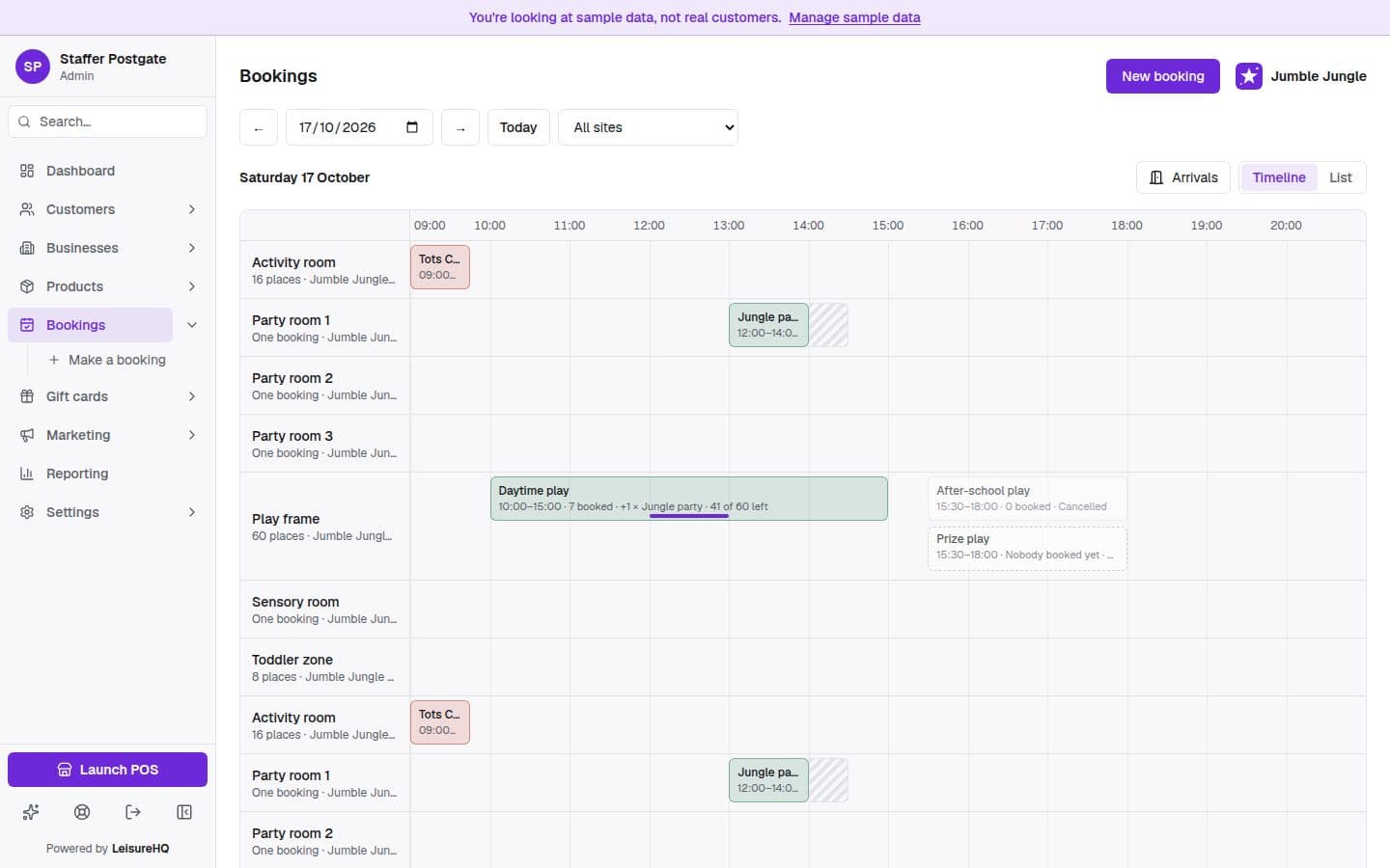 The day's bookings at a soft play centre in LeisureHQ