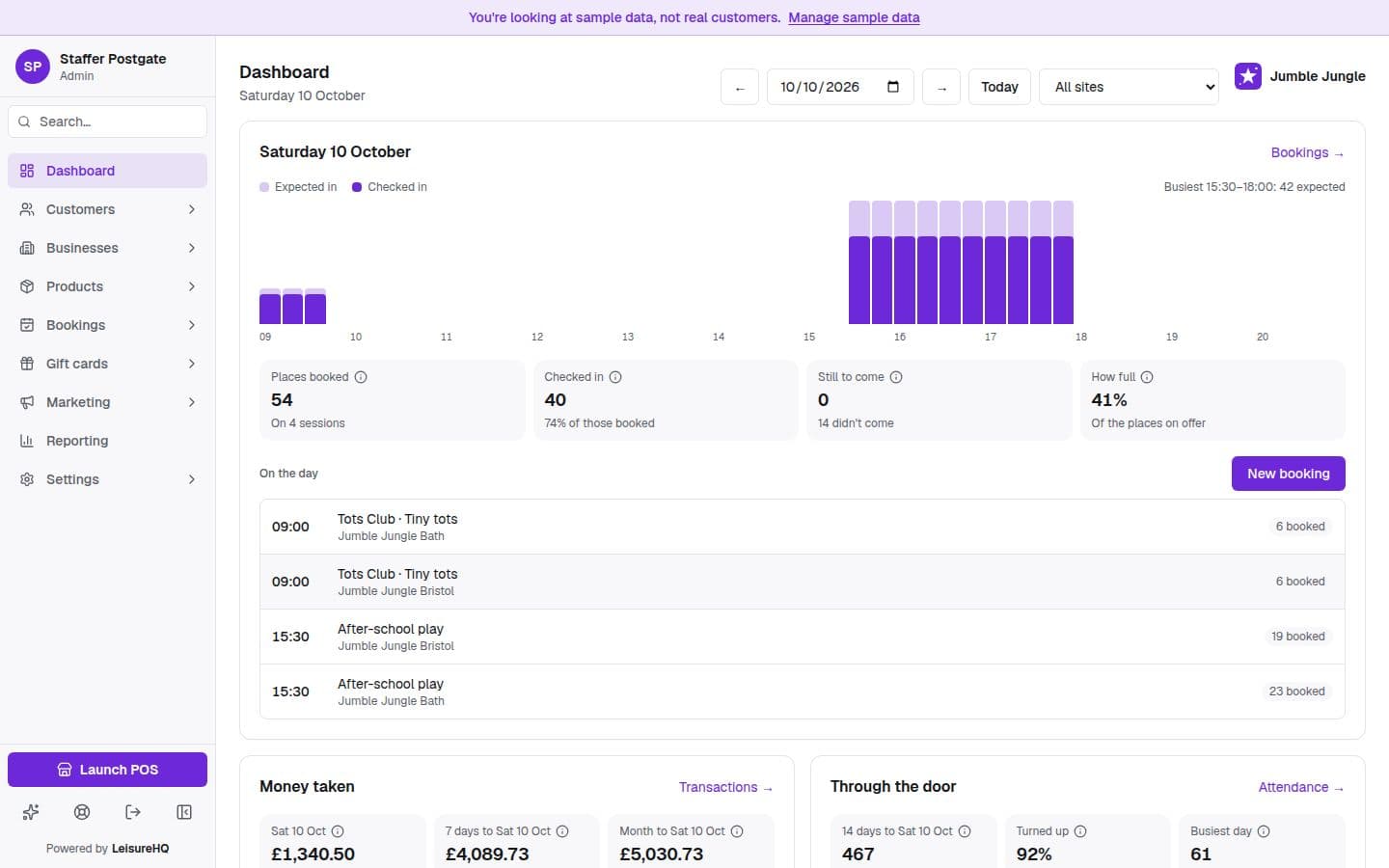 The LeisureHQ dashboard for a soft play centre