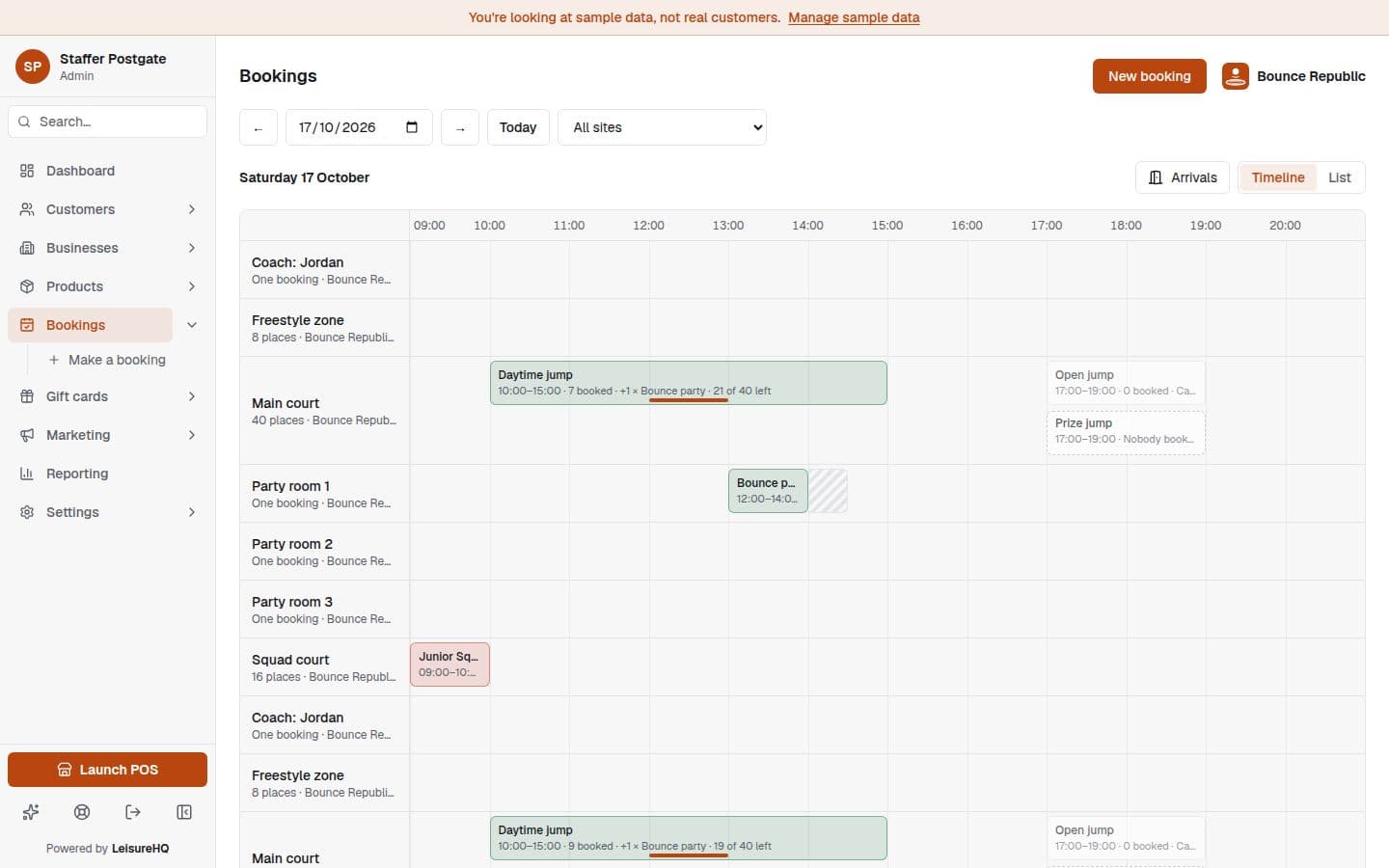 The day's bookings at a trampoline park in LeisureHQ
