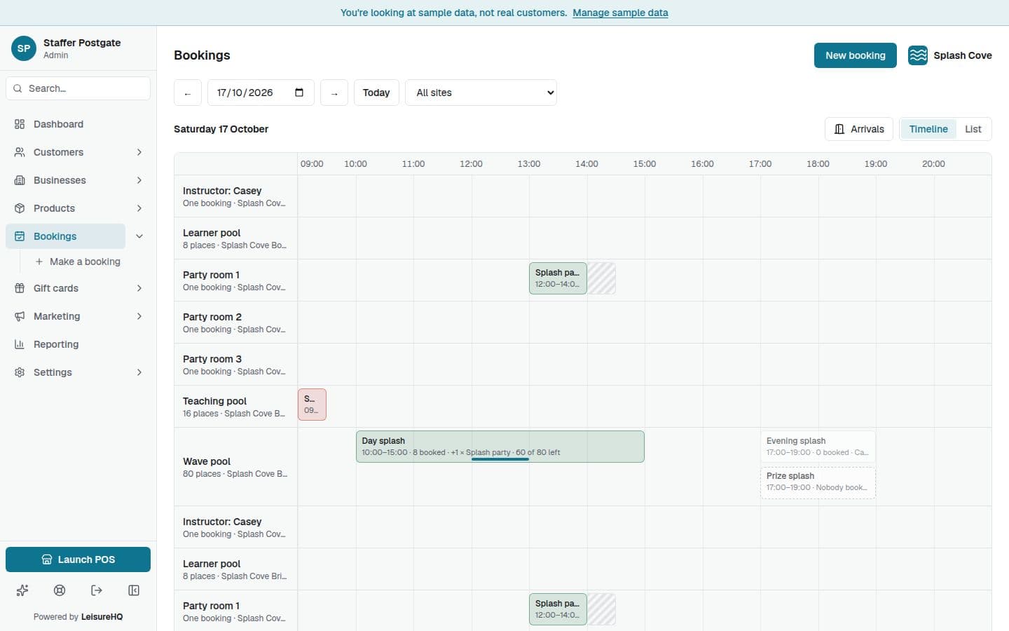The day's bookings at a waterpark in LeisureHQ